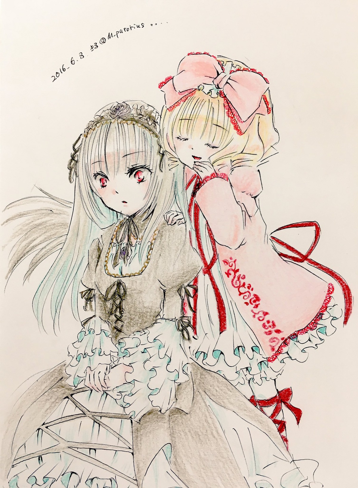 2girls blonde_hair bow closed_eyes dress frills hina_ichigo hinaichigo image long_hair long_sleeves multiple_girls pair pink_bow red_eyes ribbon siblings sisters suigintou traditional_media