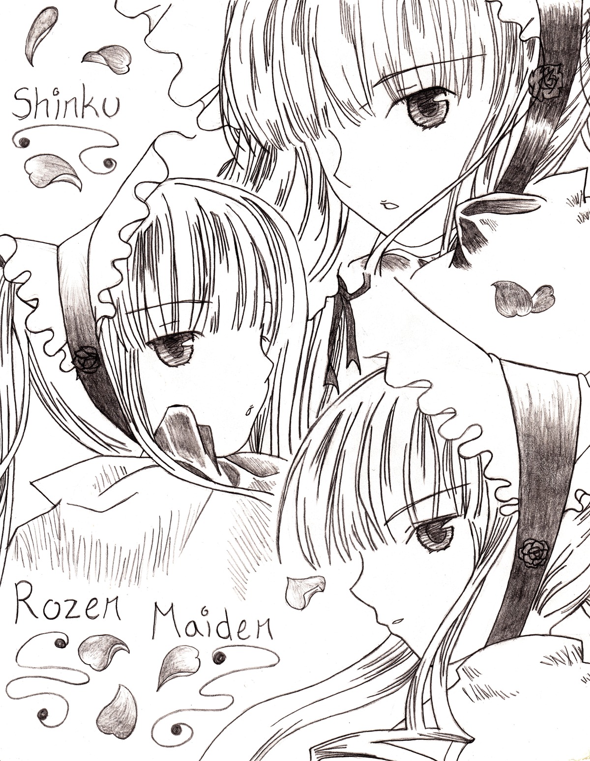 3girls auto_tagged bonnet flower greyscale hat image leaf long_hair looking_at_viewer monochrome multiple_girls open_mouth petals profile shinku solo suigintou