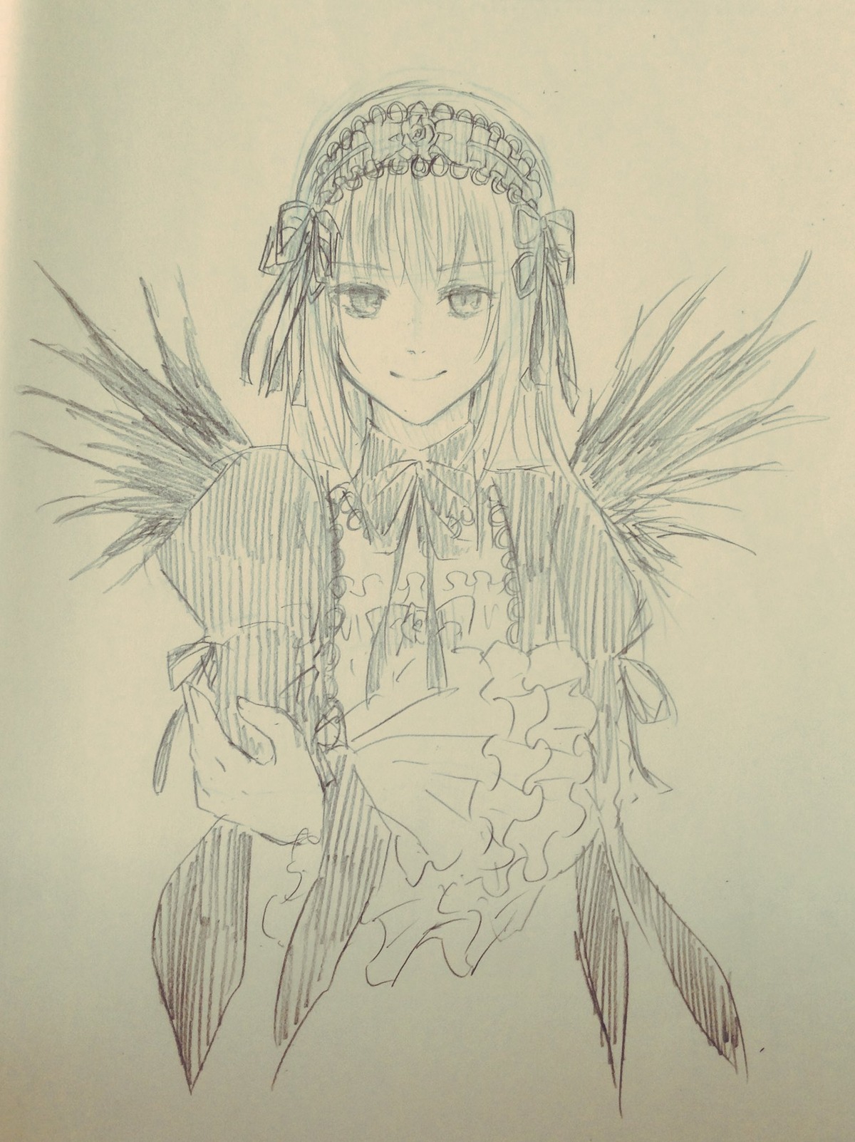 1girl dress flower frills hairband image long_hair long_sleeves looking_at_viewer monochrome ribbon simple_background smile solo suigintou traditional_media upper_body wings