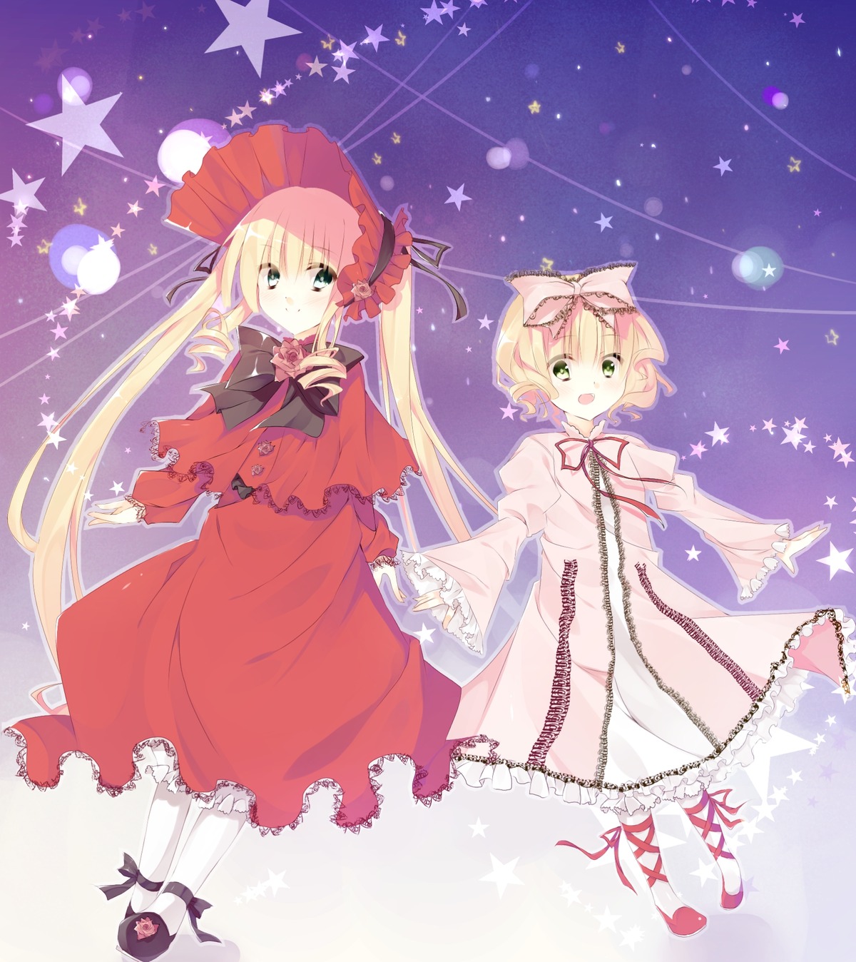 2girls blonde_hair bonnet bow dress green_eyes hina_ichigo hinaichigo image long_hair long_sleeves multiple_girls open_mouth pair pantyhose pink_bow ribbon shinku siblings smile star_(symbol) starry_background twins twintails very_long_hair white_legwear