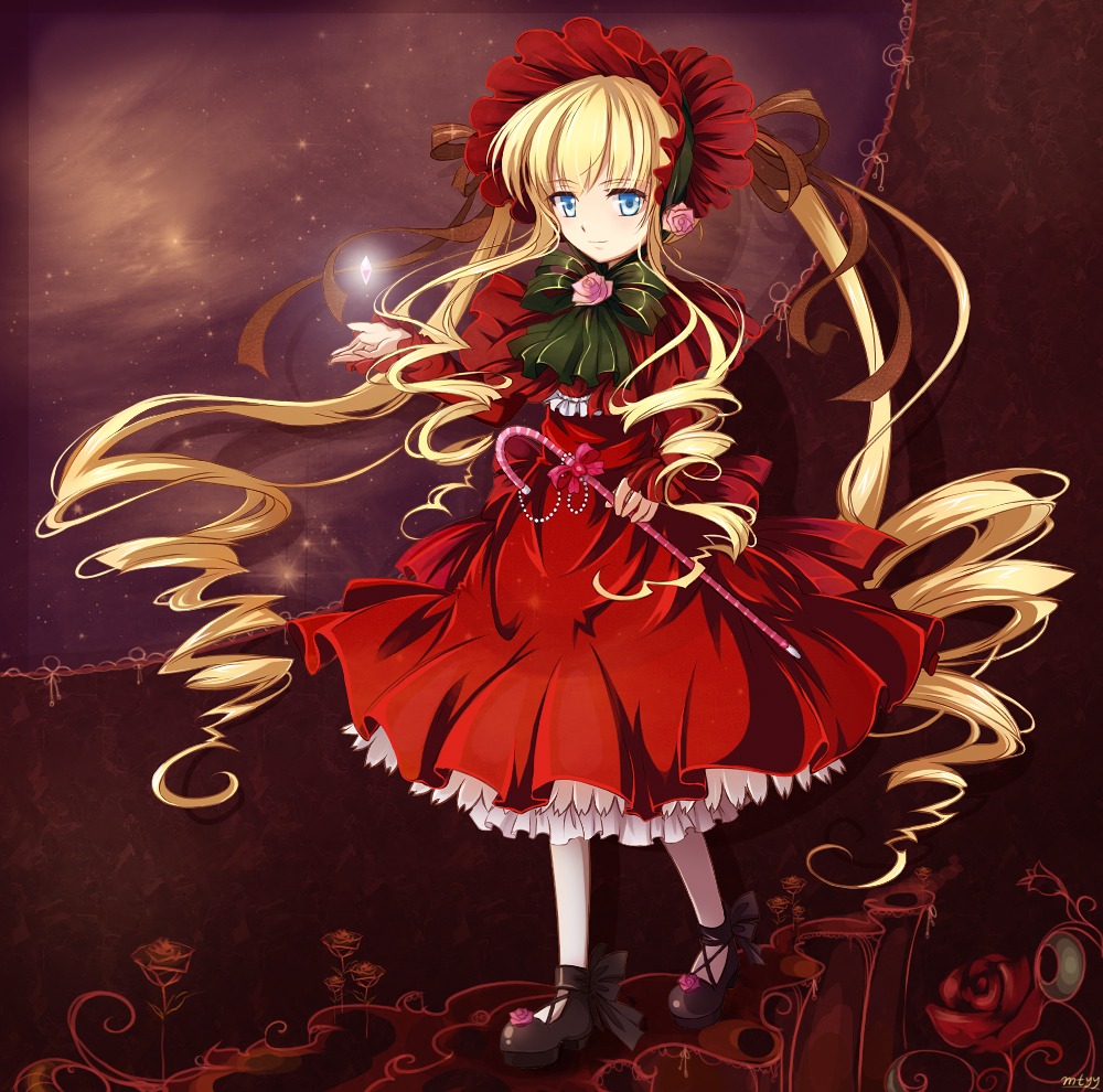 1girl black_footwear blonde_hair blue_eyes bonnet bow bowtie capelet commentary_request dress drill_hair flower full_body green_bow image long_hair long_sleeves looking_at_viewer mtyy photoshop_(medium) red_capelet red_dress rose rozen_maiden shinku shoes smile solo twin_drills twintails very_long_hair
