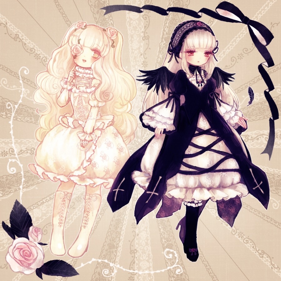 2girls black_dress black_rose black_wings blonde_hair boots commentary_request doll dress eyepatch feathers flower frills hair_flower hair_ornament hairband image kirakishou knee_boots lolita_fashion long_hair multiple_girls open_mouth pair pink_flower pink_hair pink_rose purple_flower purple_rose red_eyes red_flower red_rose ribbon rose rozen_maiden silver_hair suigintou thorns twintails very_long_hair white_flower white_hair white_rose wings yellow_eyes yujup