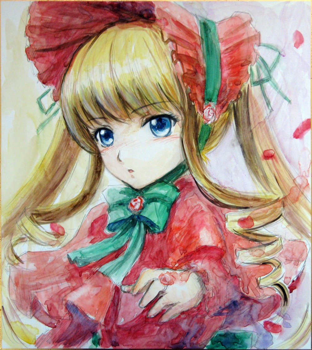 1girl blonde_hair blue_eyes bonnet bow bowtie commentary_request dress flower green_bow hair_ornament hair_ribbon hat image jewelry long_hair long_sleeves looking_at_viewer marker_(medium) millipen_(medium) pastel_(medium) petals ribbon ring rose rose_petals rozen_maiden shikishi shinku solo tafuto traditional_media twintails upper_body watercolor_(medium)