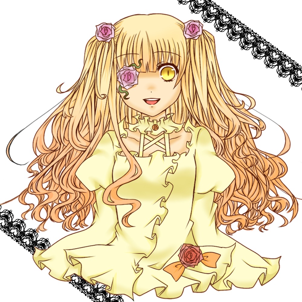 1girl blonde_hair dress eyepatch flower hair_flower hair_ornament image kirakishou long_hair pink_flower pink_rose purple_flower purple_rose red_flower red_rose rose solo thorns two_side_up yellow_eyes yellow_rose