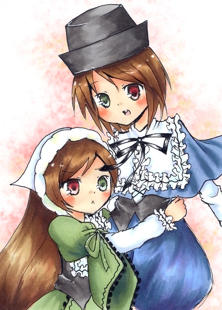 2girls blue_dress brown_hair dress frills green_dress green_eyes hat heterochromia image long_hair long_sleeves looking_at_viewer multiple_girls open_mouth pair red_eyes short_hair siblings sisters souseiseki suiseiseki twins very_long_hair