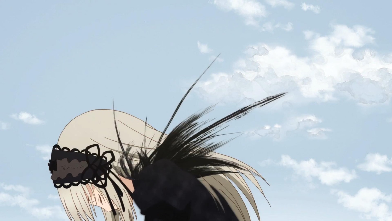 1girl black_dress black_ribbon blue_sky cloud day dress feathers hairband image lolita_fashion lolita_hairband long_hair long_sleeves outdoors ribbon sky solo suigintou wings