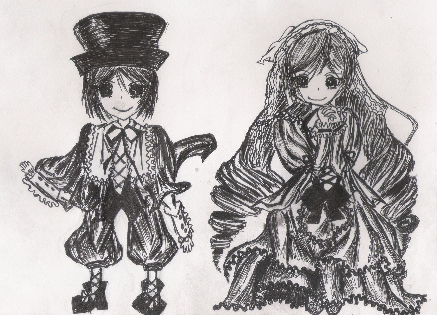 2girls dress drill_hair frills greyscale hat image long_hair long_sleeves looking_at_viewer monochrome multiple_girls pair ribbon short_hair siblings sisters smile souseiseki standing suiseiseki top_hat traditional_media twins very_long_hair