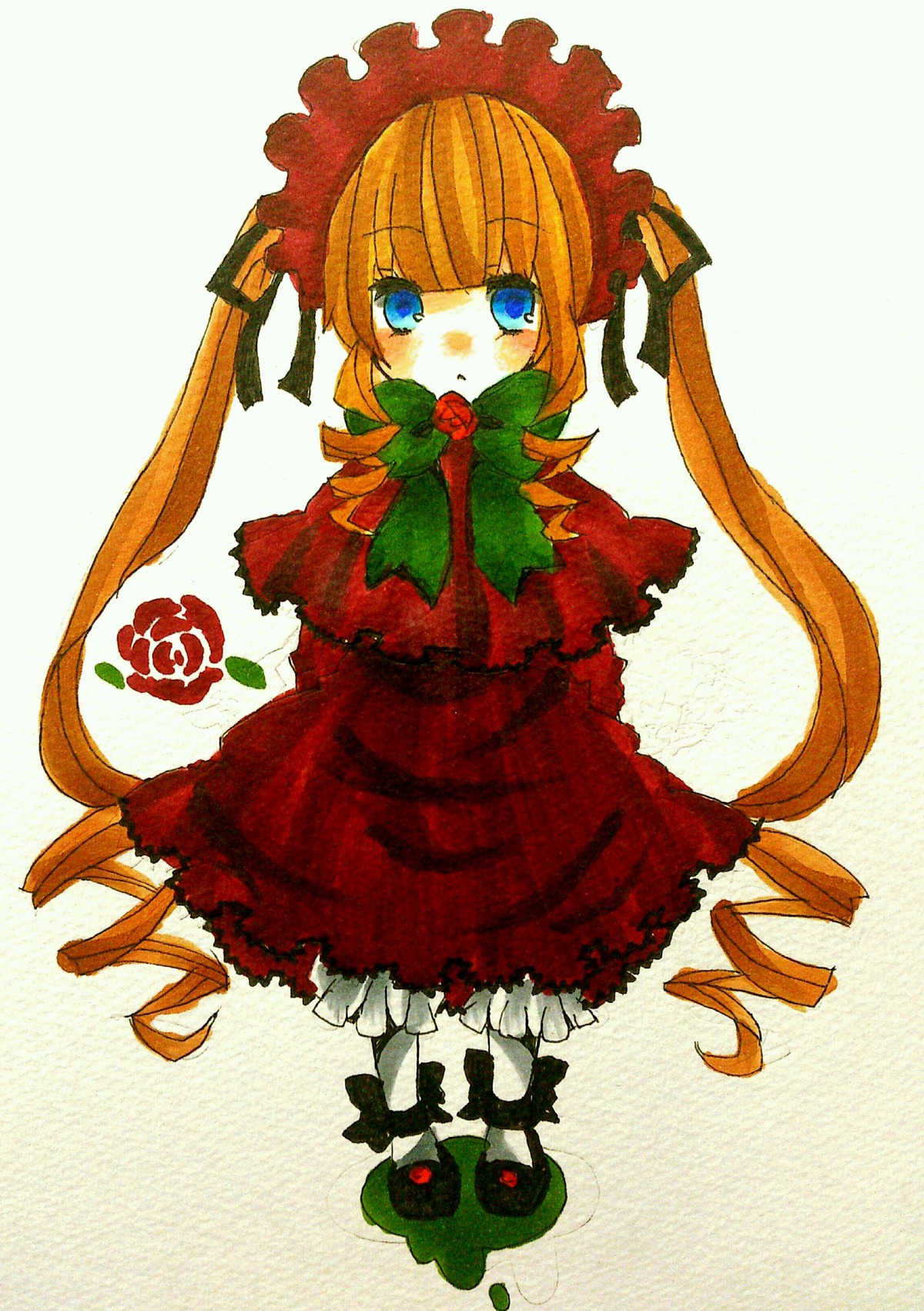 1girl blonde_hair blue_eyes blush bonnet bow bowtie dress drill_hair flower full_body green_bow image long_hair long_sleeves looking_at_viewer red_dress rose shinku simple_background solo twin_drills twintails very_long_hair