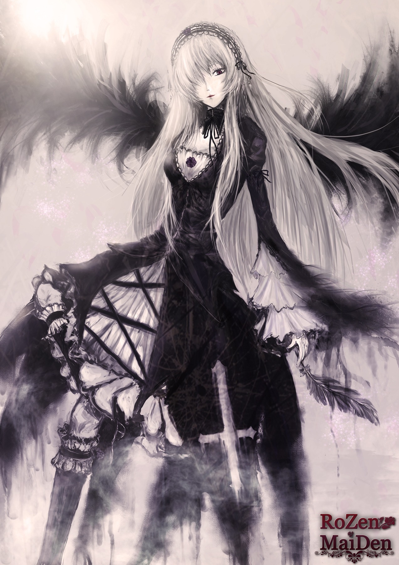 1girl black_dress dress feathers frills gothic_lolita hair_over_one_eye hairband image lolita_fashion long_hair long_sleeves looking_at_viewer pale_skin puffy_sleeves red_eyes silver_hair solo suigintou very_long_hair wings