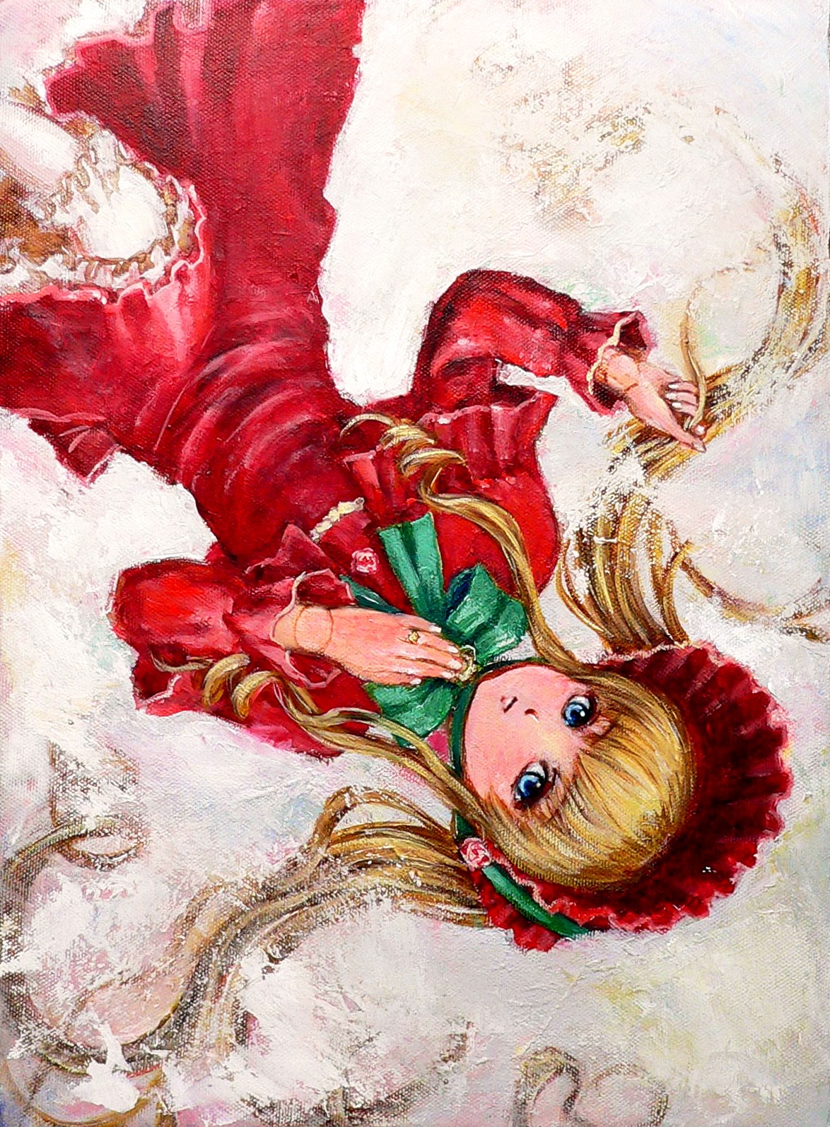 1girl bad_id bad_pixiv_id blonde_hair bloomers blue_eyes bonnet bow bowtie doll_joints dress drill_hair flower frills green_bow green_neckwear highres image joints long_hair long_sleeves looking_at_viewer lying oil_painting_(medium) painting_(medium) red_dress rozen_maiden shinku solo tafuto traditional_media