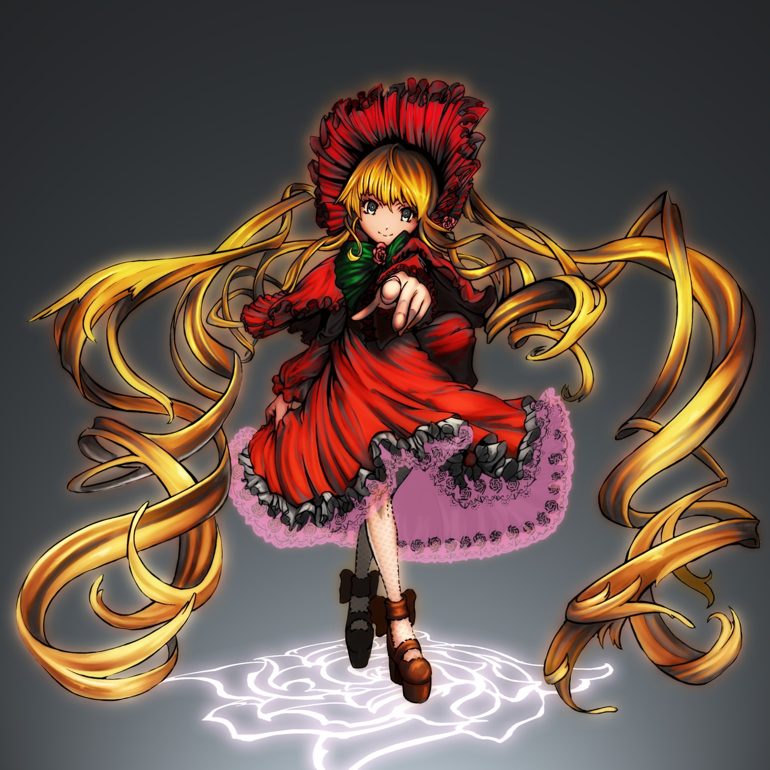1girl absurdly_long_hair blonde_hair blue_eyes bonnet bow dress frills full_body grey_background image long_hair long_sleeves red_dress shinku shoes solo standing twintails very_long_hair