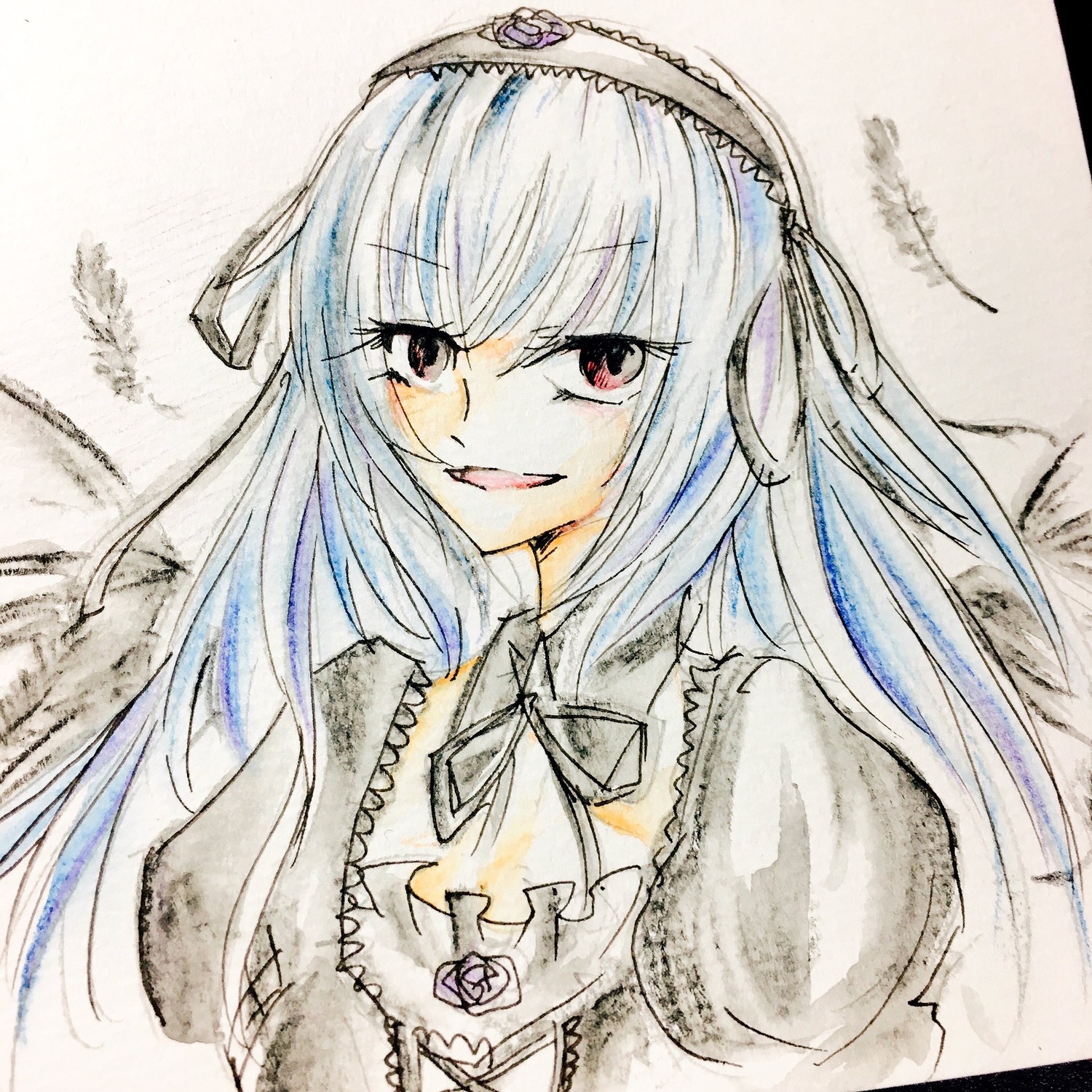 1girl colored_pencil_(medium) eyebrows_visible_through_hair graphite_(medium) hairband image long_hair looking_at_viewer smile solo suigintou traditional_media upper_body