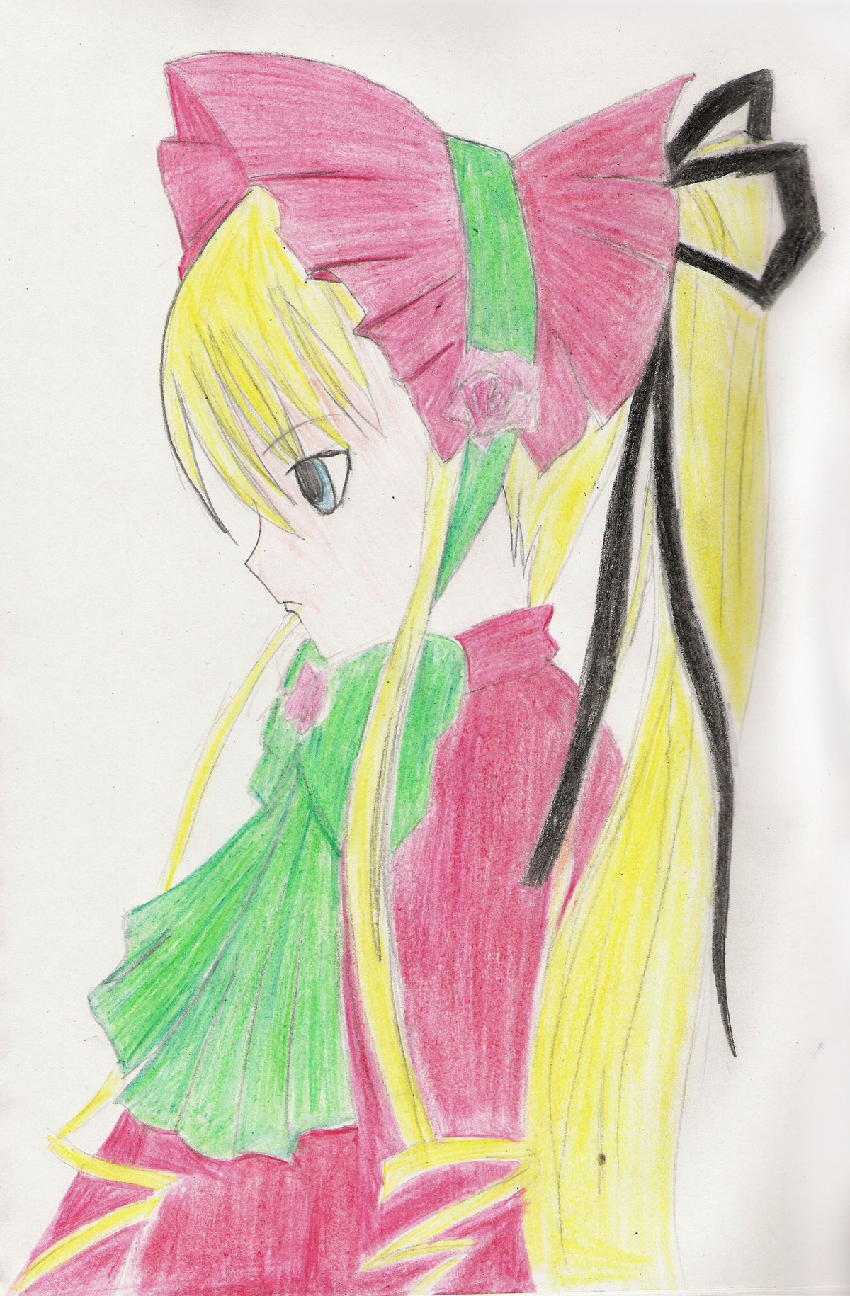 1girl blonde_hair blue_eyes bonnet bow flower image long_hair pink_bow profile rose shinku simple_background solo traditional_media upper_body