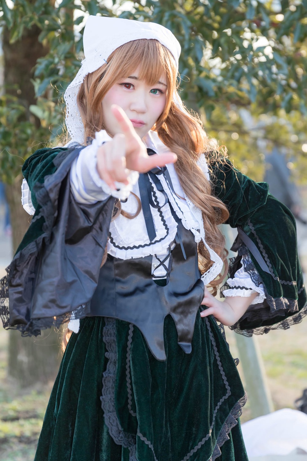 1girl 3d bangs blonde_hair blue_eyes blurry blurry_background blurry_foreground depth_of_field dress long_hair looking_at_viewer nun outdoors solo suiseiseki