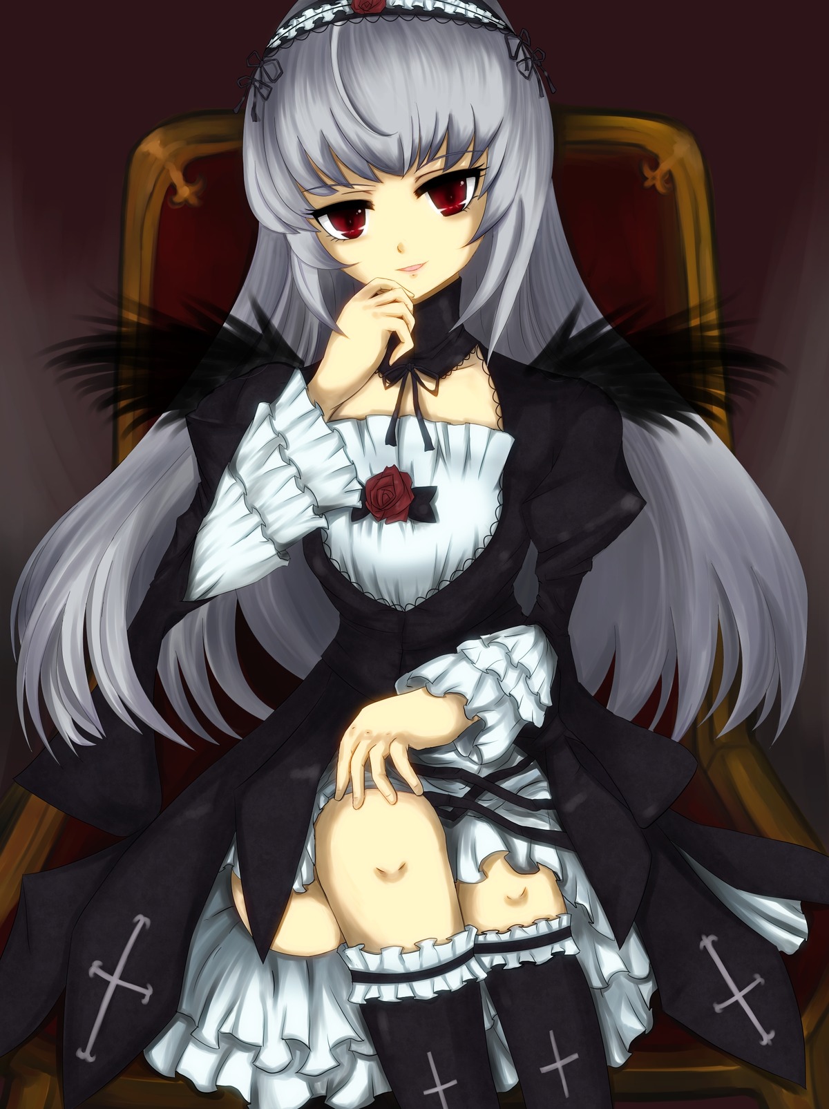 1girl chair detached_collar dress frills hairband image kneehighs leg_garter long_hair long_sleeves looking_at_viewer red_eyes silver_hair sitting solo suigintou very_long_hair wings