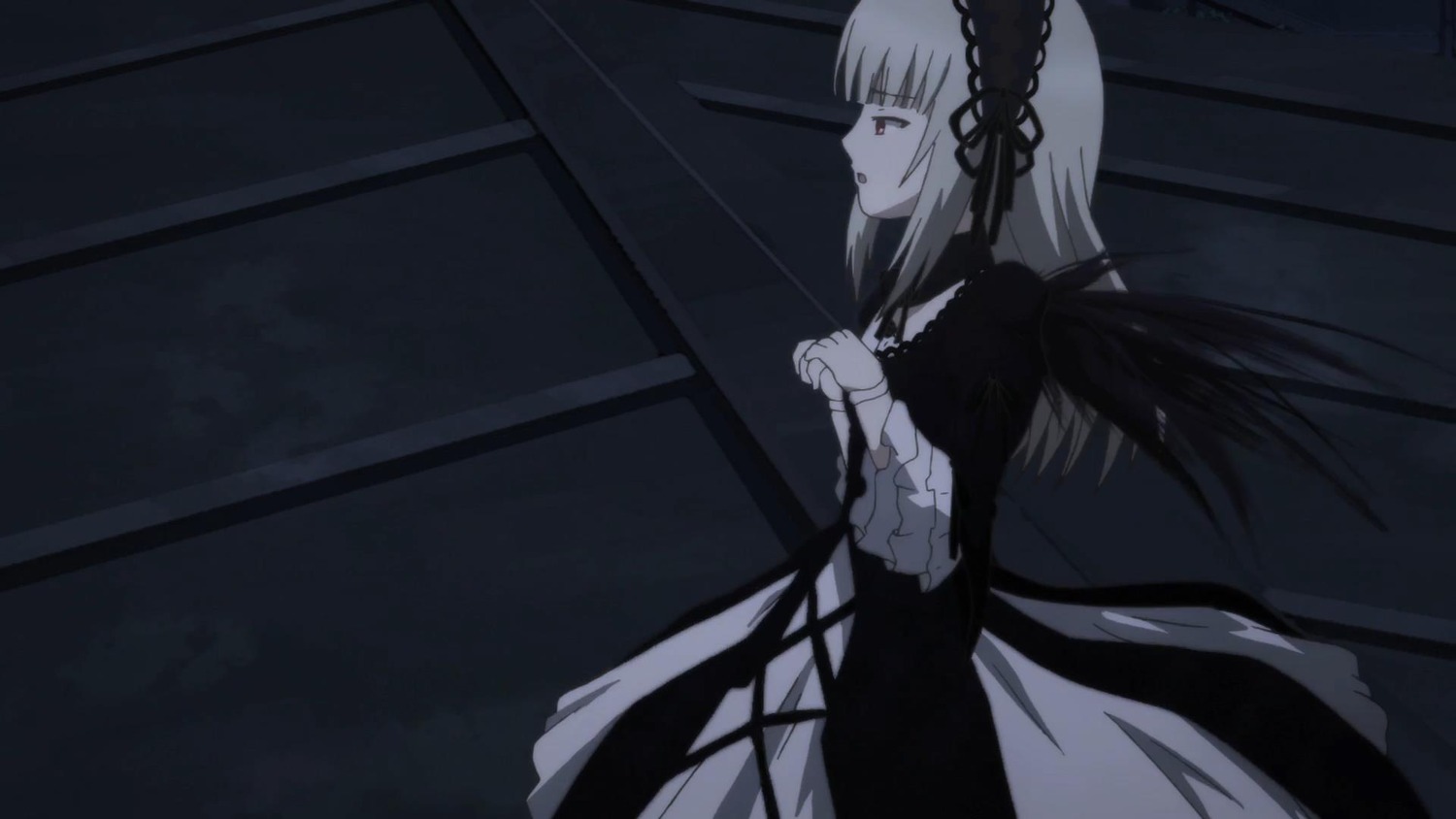 1girl bangs black_dress black_ribbon black_wings closed_mouth dress frills hairband image indoors juliet_sleeves long_hair long_sleeves profile ribbon solo suigintou very_long_hair wings