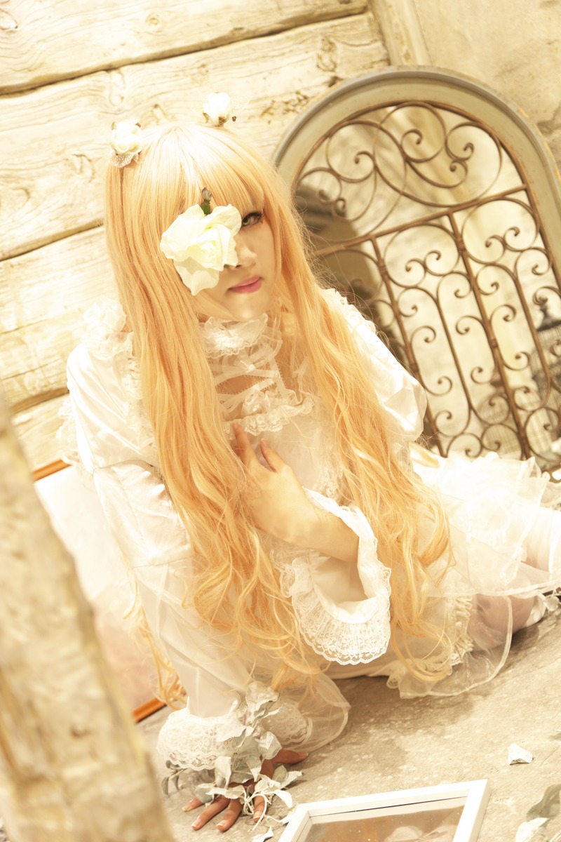 1girl blonde_hair dress eyepatch flower frills lace lips long_hair rose sitting solo white_dress