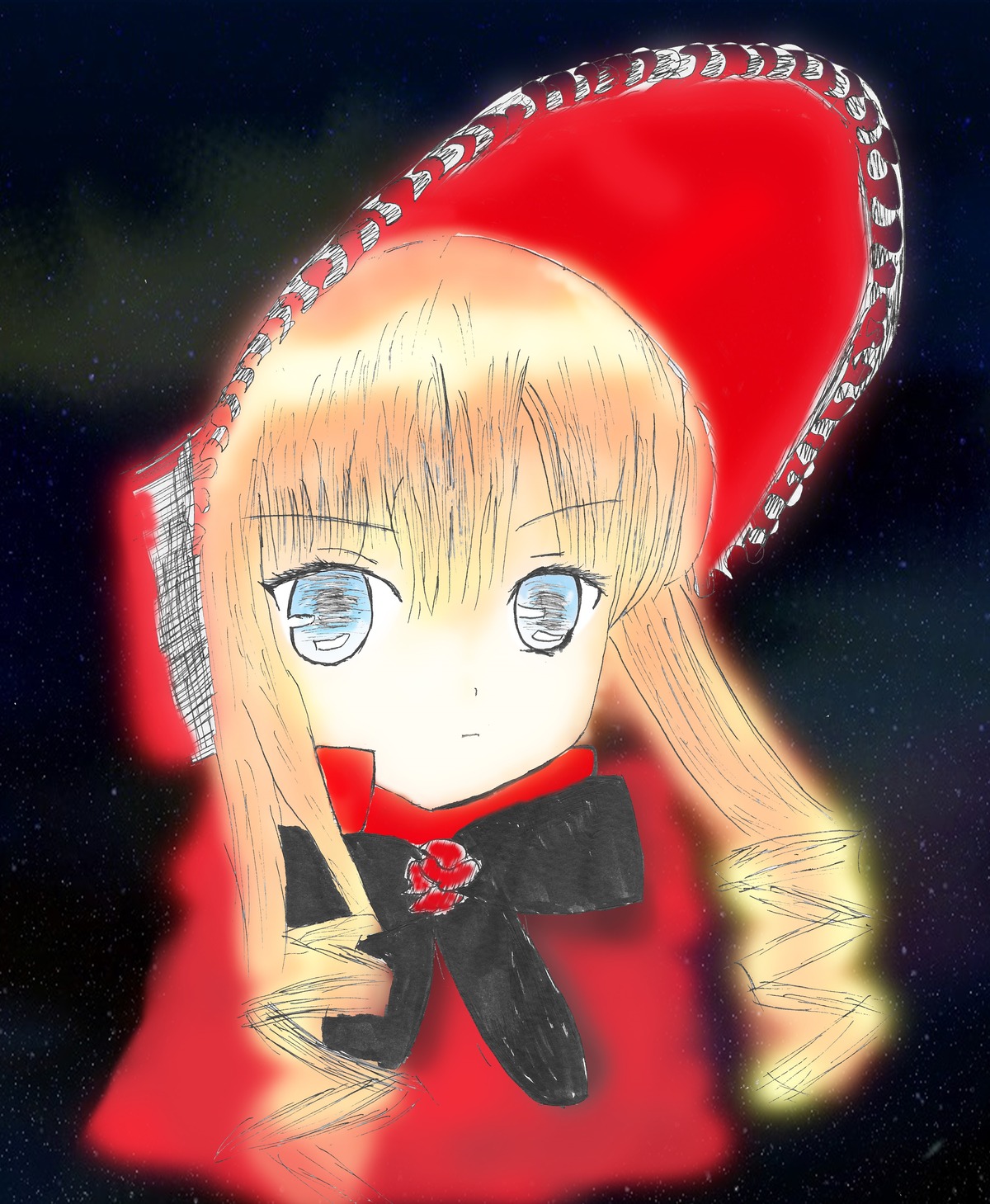 1girl black_background blonde_hair blue_eyes bow bowtie closed_mouth drill_hair expressionless image long_hair looking_at_viewer night night_sky shinku sky solo space star_(sky) starry_sky twin_drills