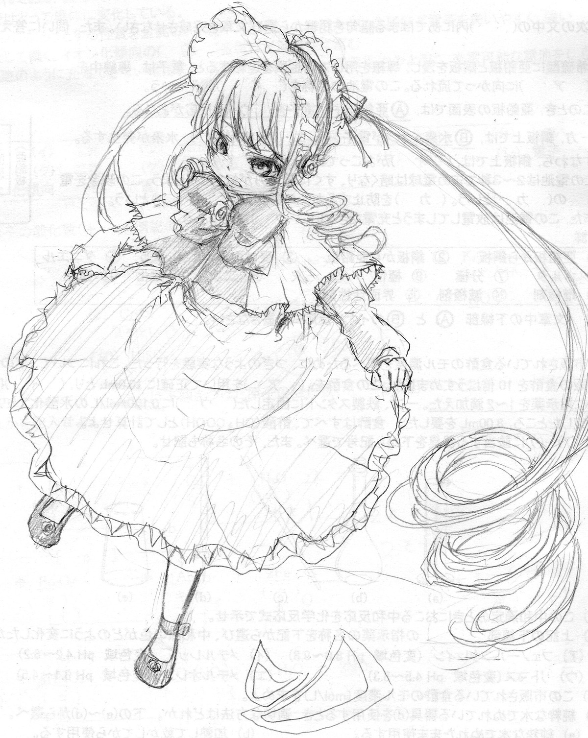 1girl bow bowtie dress drill_hair frills full_body greyscale image long_hair long_sleeves looking_at_viewer monochrome shinku shoes solo standing twin_drills twintails