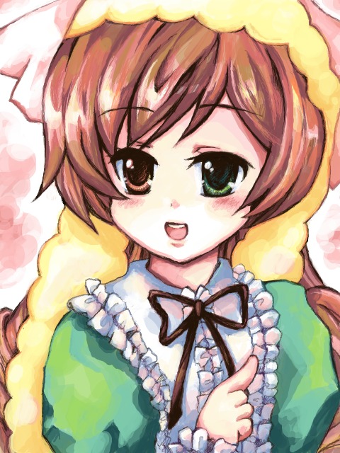 1girl auto_tagged brown_hair dress frills green_dress green_eyes hat head_scarf image long_hair long_sleeves looking_at_viewer open_mouth ribbon smile solo suiseiseki upper_body