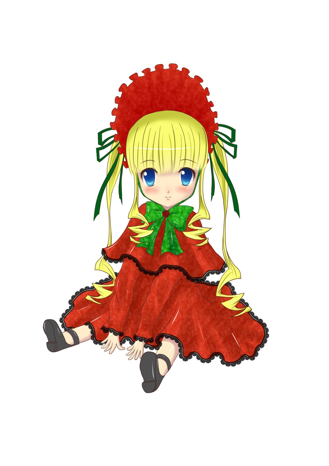 1girl blonde_hair blue_eyes blush bonnet bow bowtie dress full_body green_bow green_neckwear image long_hair long_sleeves looking_at_viewer red_dress shinku shoes simple_background sitting solo twintails white_background