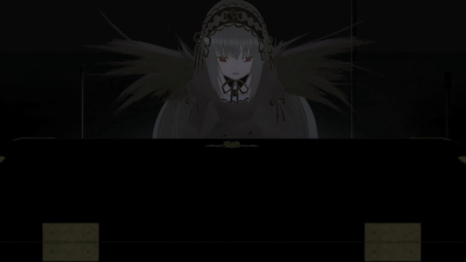 1girl bangs black_background black_dress black_ribbon black_wings closed_mouth dress eyebrows_visible_through_hair feathered_wings feathers hairband image long_hair long_sleeves looking_at_viewer ribbon rose solo suigintou very_long_hair white_wings wings