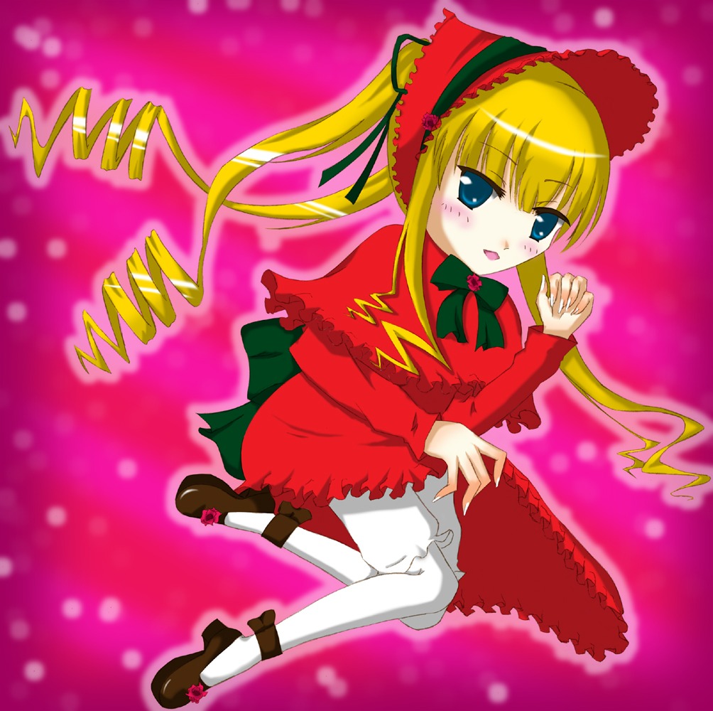 1girl blonde_hair blue_eyes blush bonnet bow bowtie dress drill_hair frills full_body green_bow green_neckwear image long_hair long_sleeves looking_at_viewer pantyhose pink_background red_dress shinku shoes solo twin_drills twintails white_legwear
