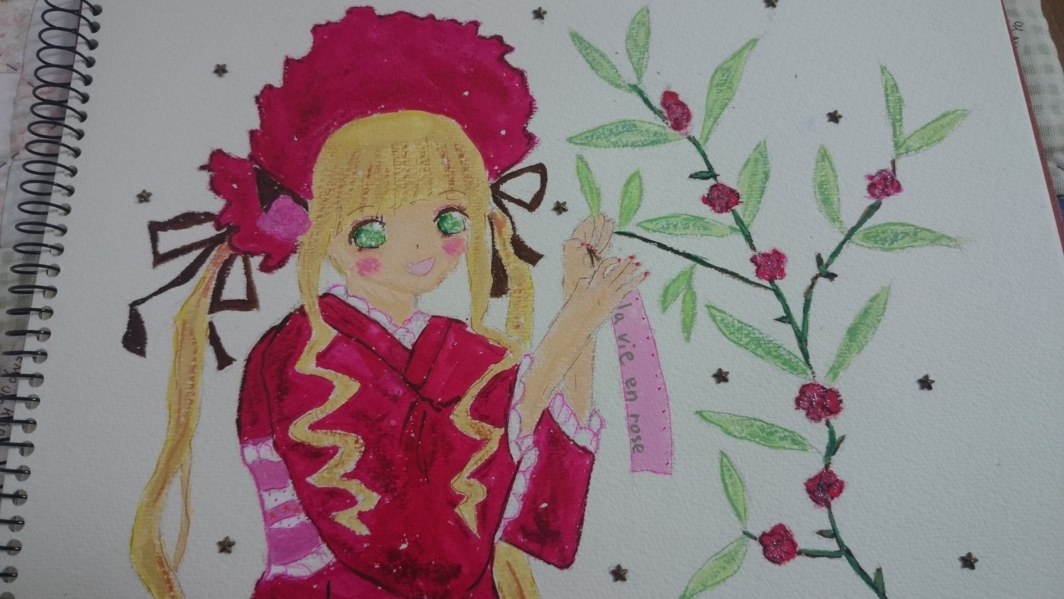 1girl blonde_hair bonnet dress flower green_eyes hair_ribbon image long_hair long_sleeves looking_at_viewer photo red_dress red_flower red_rose ribbon rose shinku solo traditional_media twintails upper_body watercolor_(medium)