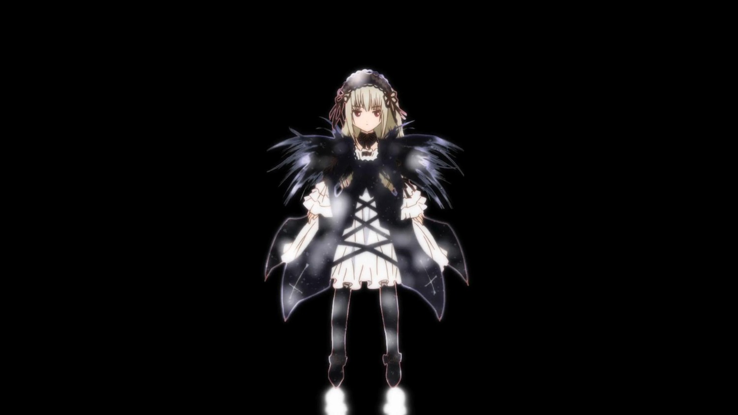 1girl artoria_pendragon_(all) auto_tagged black_background black_dress black_legwear blonde_hair dress frills full_body image long_sleeves looking_at_viewer saber_alter solo standing suigintou