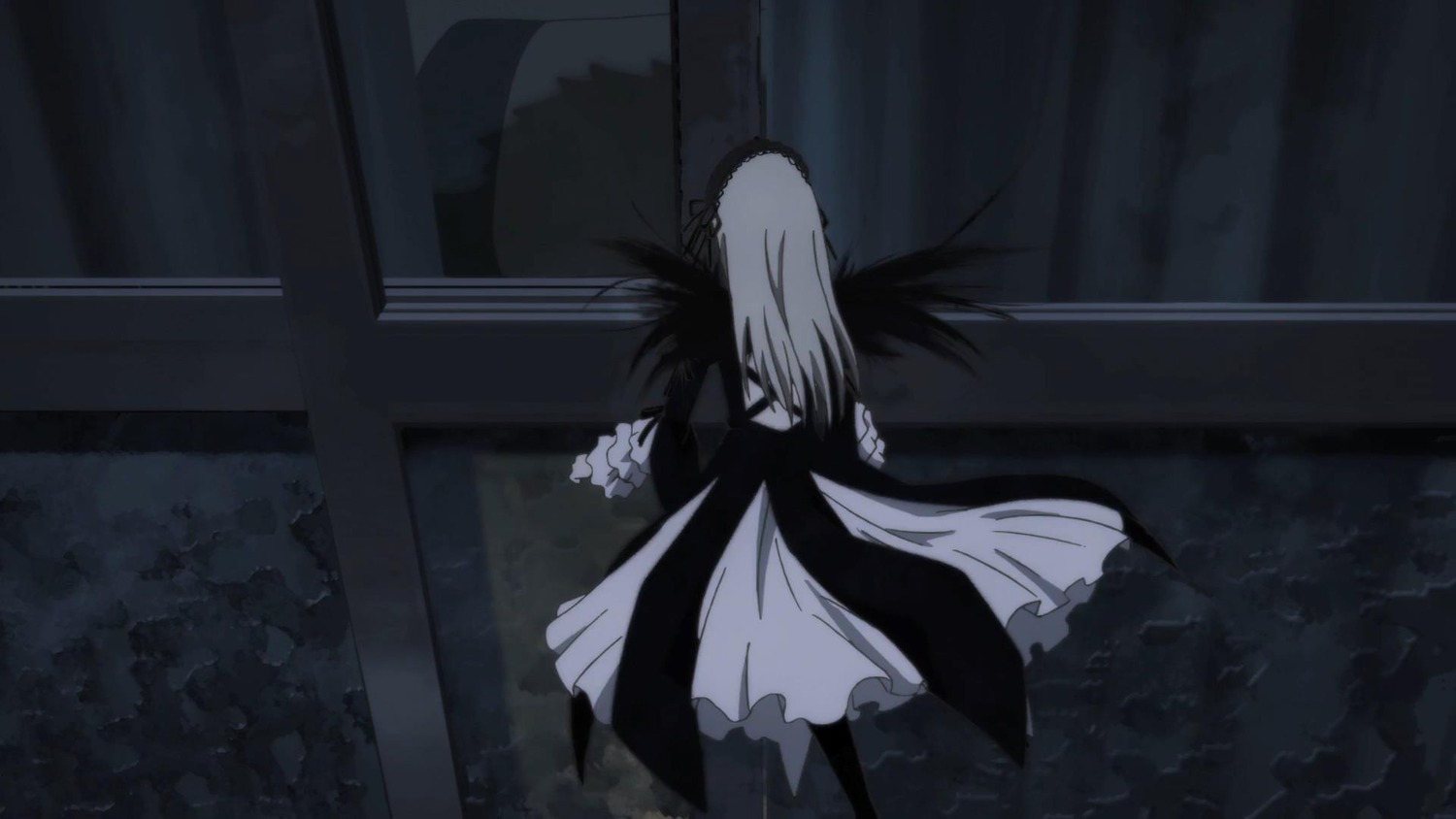 1girl dress image long_hair long_sleeves monochrome solo standing suigintou wings