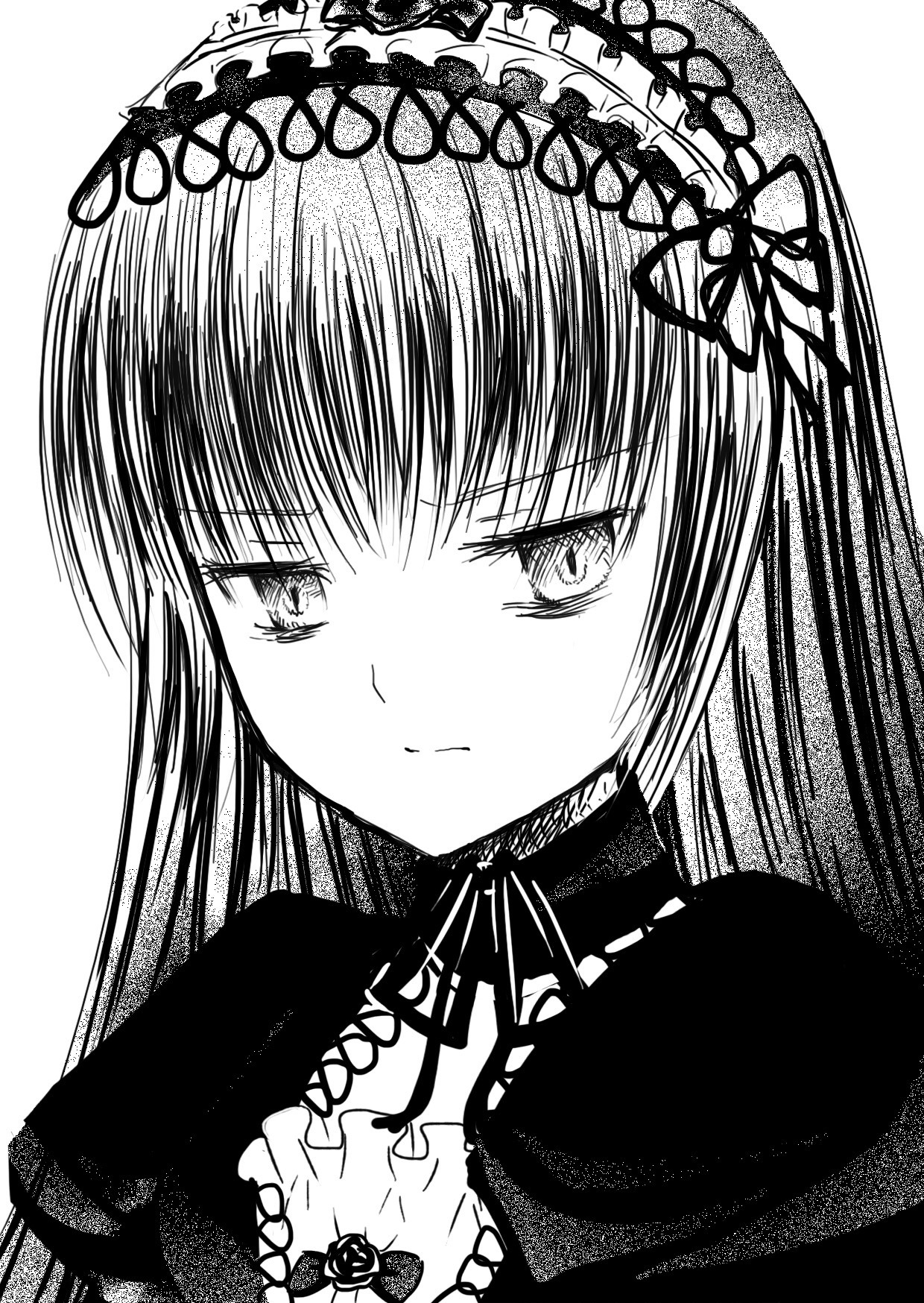 1girl bangs blush closed_mouth dress eyebrows_visible_through_hair gothic_lolita greyscale hairband image lolita_fashion long_hair looking_at_viewer monochrome ribbon simple_background smile solo suigintou upper_body white_background