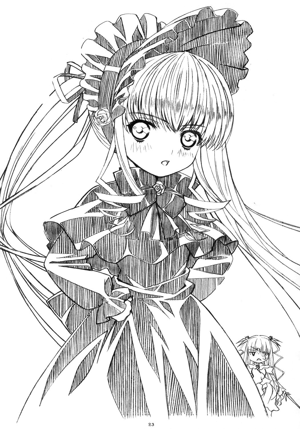 2girls blush bonnet bow dress drill_hair greyscale hair_ribbon hairband image long_hair looking_at_viewer monochrome multiple_girls open_mouth ribbon shinku simple_background solo suigintou twintails white_background