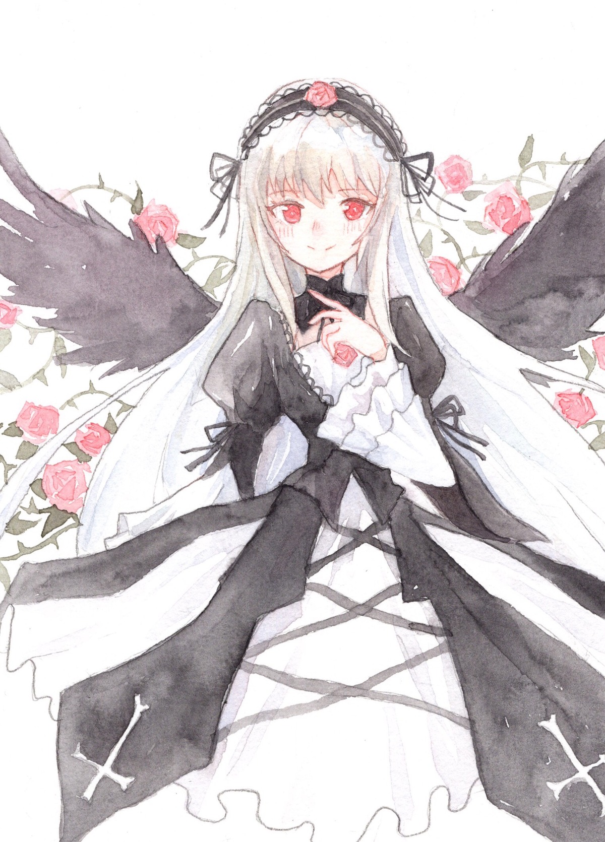 1girl black_dress black_ribbon black_wings dress flower frills hairband image long_hair long_sleeves looking_at_viewer pink_eyes pink_flower pink_rose red_eyes red_flower red_rose ribbon rose silver_hair smile solo suigintou traditional_media watercolor_(medium) wings