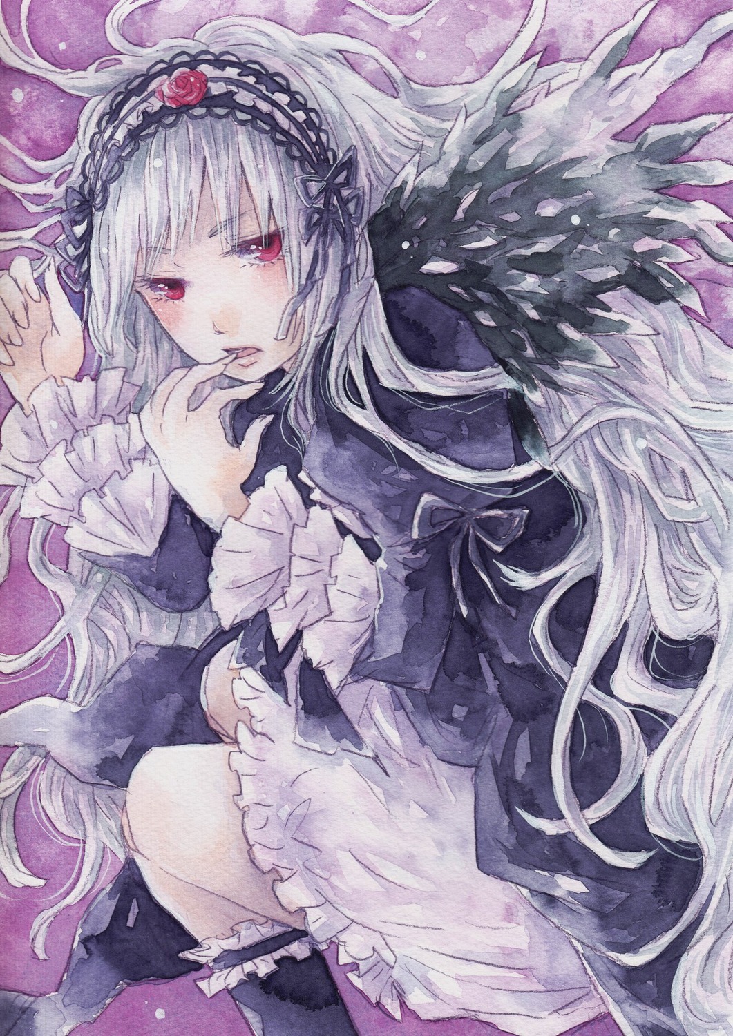 1girl black_wings dress feathered_wings feathers flower frilled_sleeves frills hairband image lolita_fashion long_hair long_sleeves looking_at_viewer lying on_side red_eyes ribbon rose silver_hair solo suigintou traditional_media very_long_hair watercolor_(medium) wings