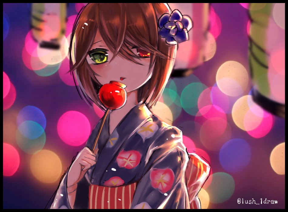 1girl balloon black_border blurry bokeh brown_hair candy_apple depth_of_field floral_print flower food hair_flower hair_ornament heterochromia image japanese_clothes kimono lens_flare letterboxed looking_at_viewer red_eyes short_hair solo souseiseki virtual_youtuber