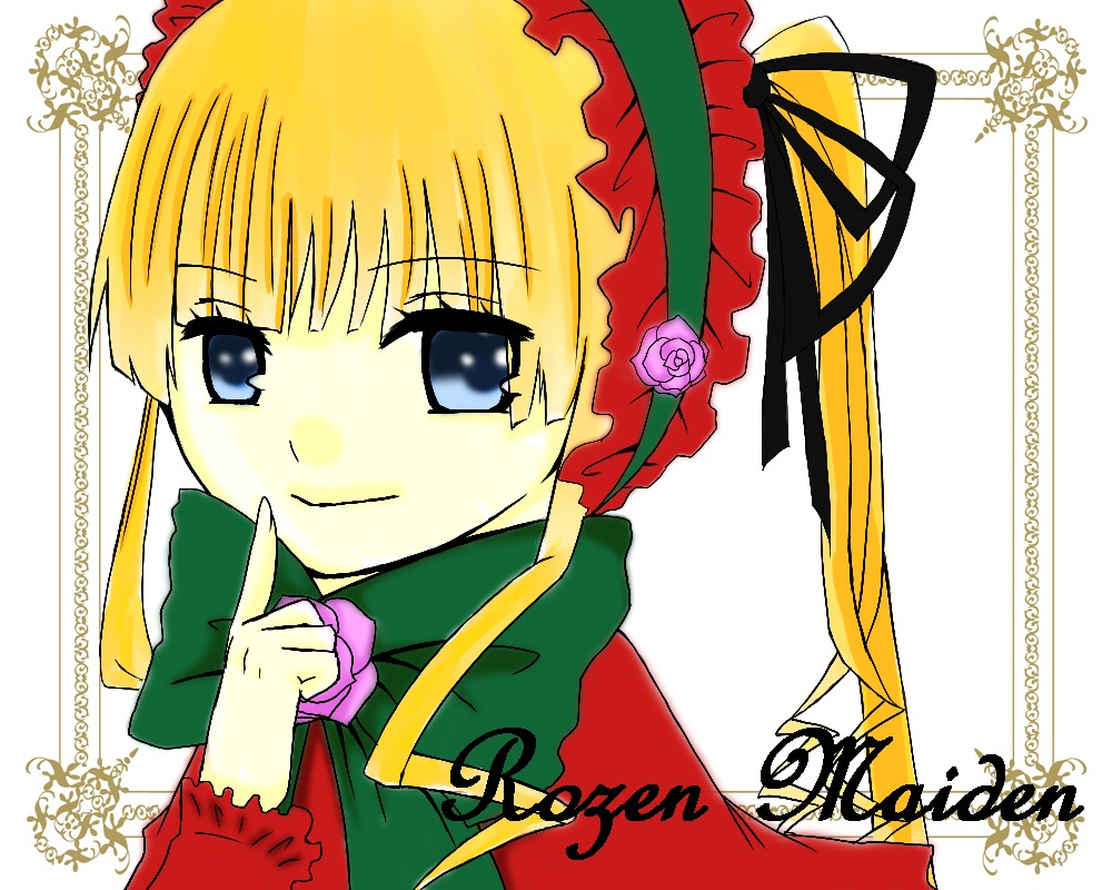 1girl blonde_hair blue_eyes bonnet bow bowtie dress flower frills green_bow image long_hair long_sleeves looking_at_viewer ribbon rose shinku simple_background smile solo upper_body white_background