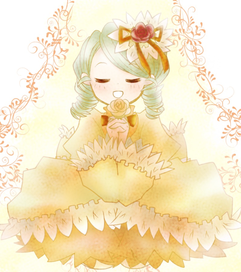 1girl blush closed_eyes crown dress drill_hair flower frills green_hair hair_ornament image kanaria long_sleeves red_rose rose smile solo twin_drills