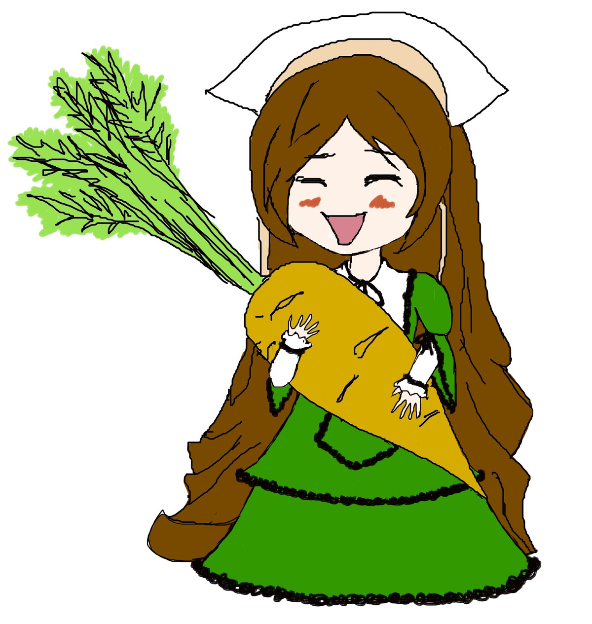 1girl :d apron blush_stickers brown_hair closed_eyes dress green_dress hat image long_hair long_sleeves open_mouth smile solo suiseiseki transparent_background white_background