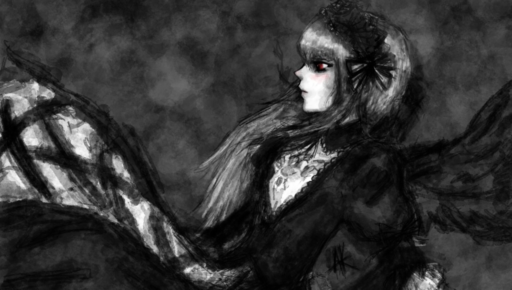 1girl dress frills gothic_lolita greyscale image long_hair long_sleeves monochrome profile red_eyes solo suigintou wings