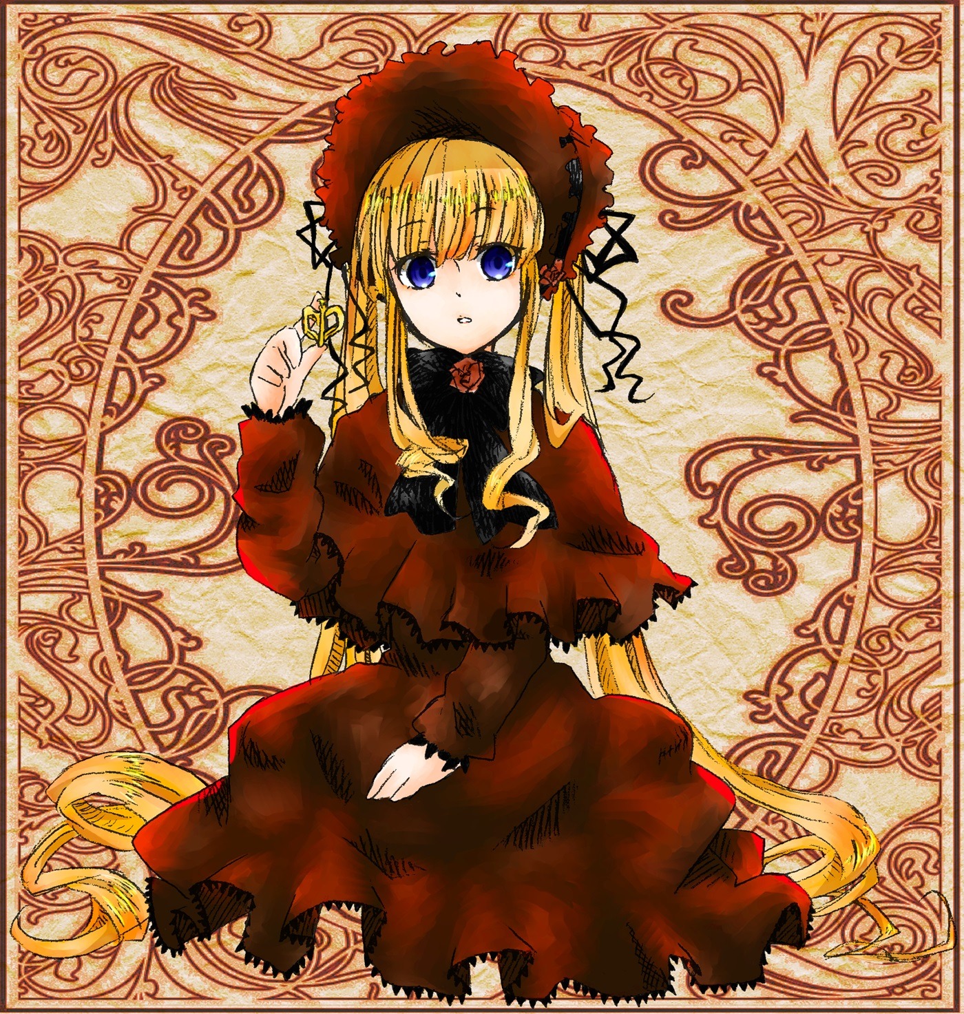 1girl blonde_hair blue_eyes bonnet bow capelet dress flower image long_hair long_sleeves looking_at_viewer red_dress shinku solo very_long_hair