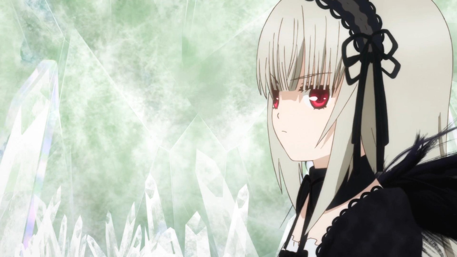 1girl bangs black_ribbon closed_mouth detached_collar dress expressionless frills hairband image long_hair long_sleeves looking_at_viewer red_eyes ribbon silver_hair solo suigintou wings