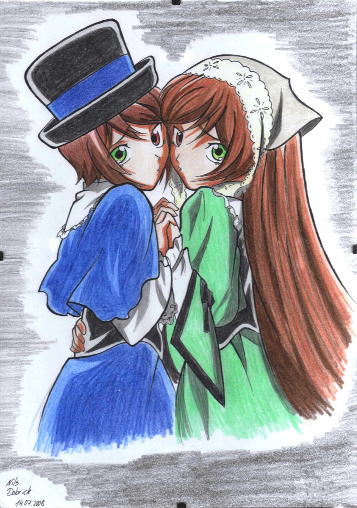 2girls blue_dress brown_hair dress frills green_eyes hat heterochromia holding_hands image incest long_hair long_sleeves looking_at_viewer multiple_girls pair red_eyes short_hair siblings sisters souseiseki suiseiseki top_hat twins very_long_hair