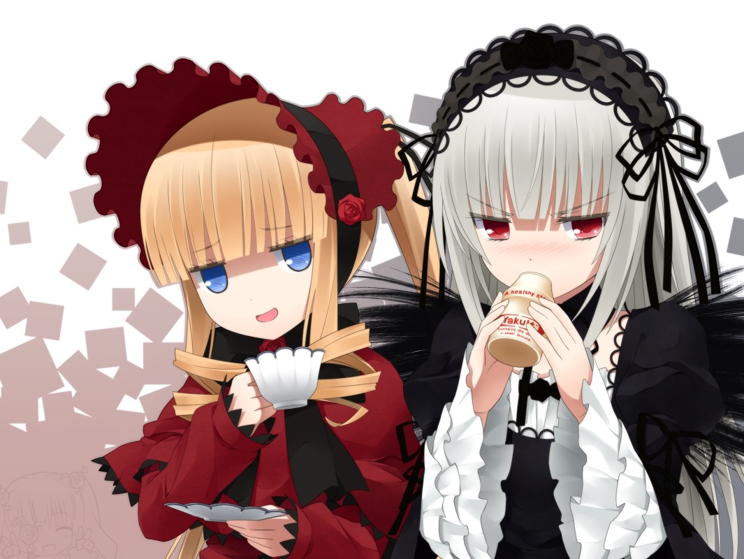 2girls 3girls :d blonde_hair blue_eyes blush bonnet bow commentary_request cup dress drill_hair flower frills goribote hairband holding_cup image kirakishou lolita_fashion long_hair long_sleeves multiple_girls open_mouth pair red_eyes rose rozen_maiden shinku silver_hair smile suigintou teacup when_you_see_it wings yakult