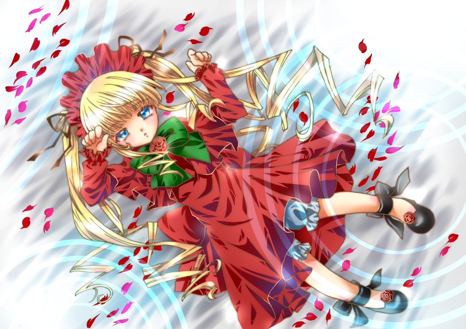 1girl blonde_hair blue_eyes bow bowtie choconyan commentary_request dress flower full_body green_bow highres image long_hair long_sleeves looking_at_viewer lying on_back petals red_dress rose rose_petals rozen_maiden shinku shoes sidelocks solo twintails very_long_hair