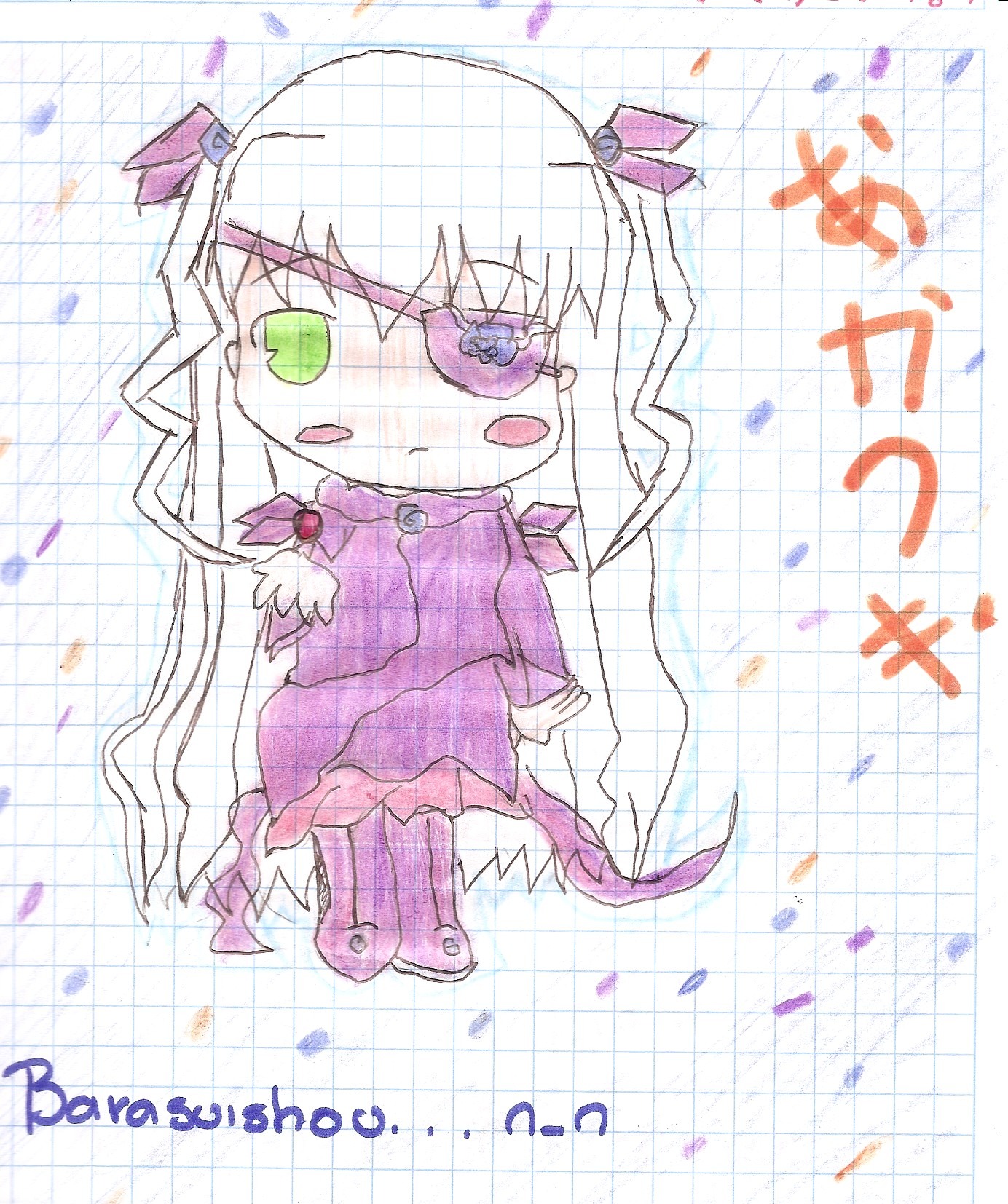 1girl barasuishou dress green_eyes image long_hair long_sleeves purple_dress solo traditional_media twintails