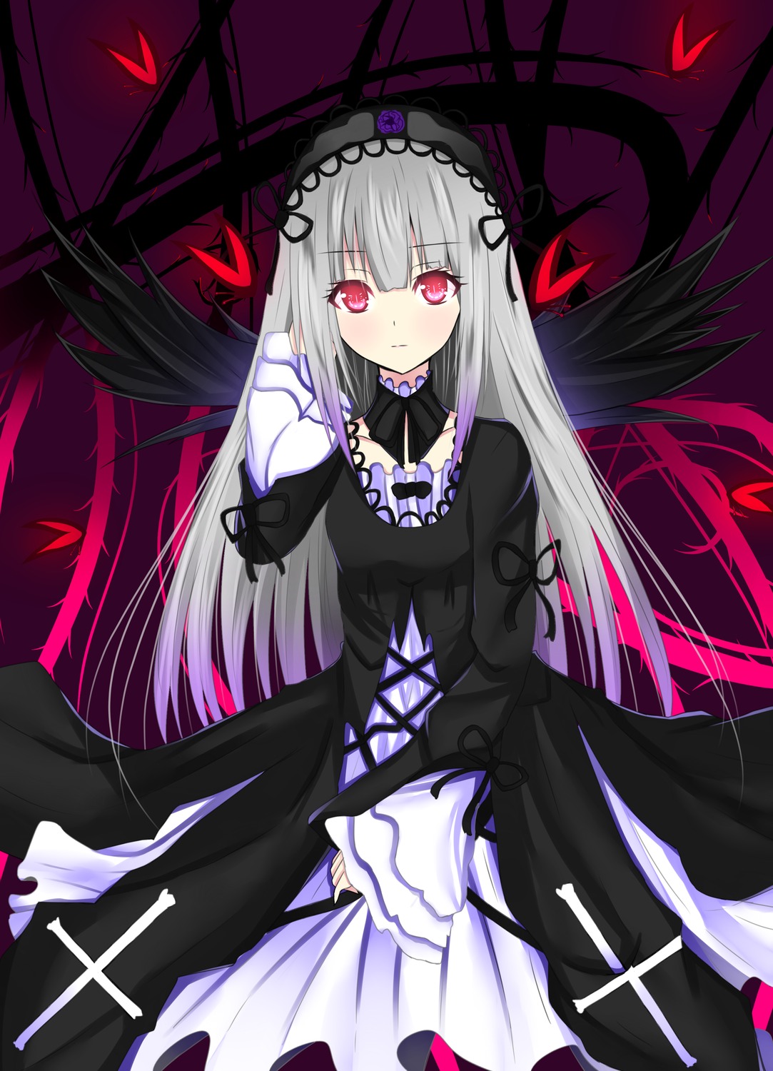 1girl absurdres black_dress black_wings commentary_request cross dress expressionless feathers flower frills gothic_lolita hairband highres hiiragi_natume image juliet_sleeves lolita_fashion long_hair long_sleeves looking_at_viewer puffy_sleeves red_eyes ribbon rose rozen_maiden silver_hair solo suigintou wings