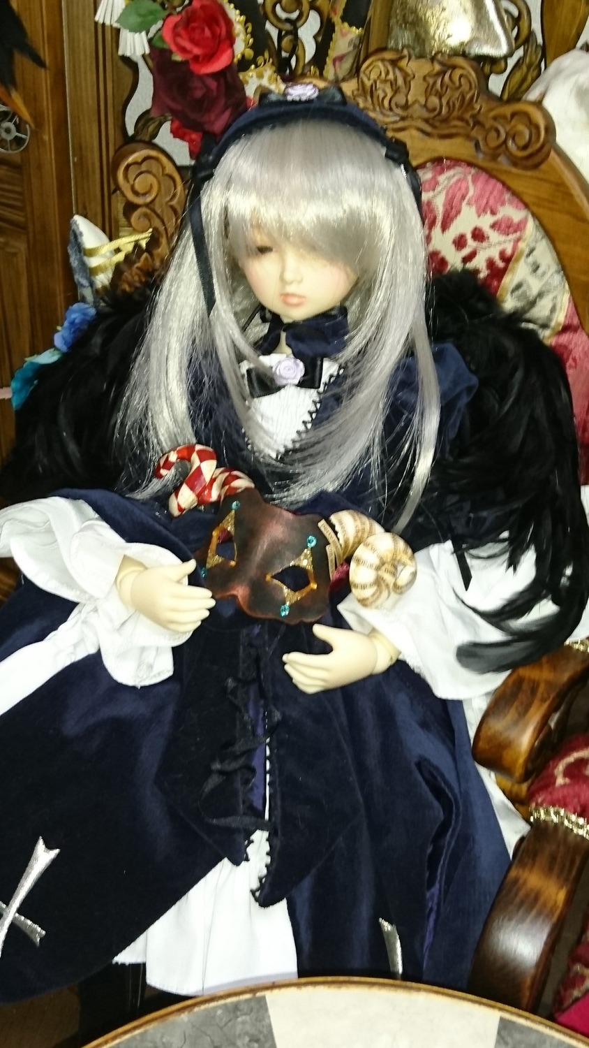 1girl doll dress flower hair_over_one_eye long_hair red_flower rose sitting solo suigintou traditional_media