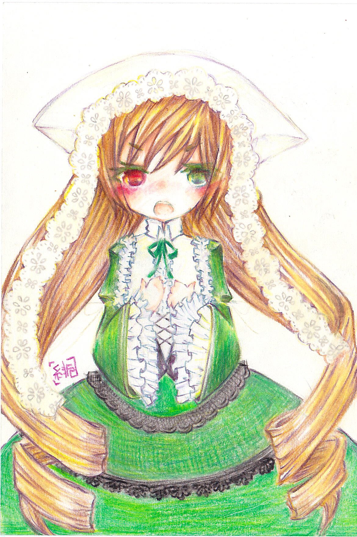 1girl brown_hair dress drill_hair green_dress green_eyes heterochromia image long_hair long_sleeves looking_at_viewer open_mouth red_eyes simple_background solo suiseiseki traditional_media twin_drills very_long_hair white_background