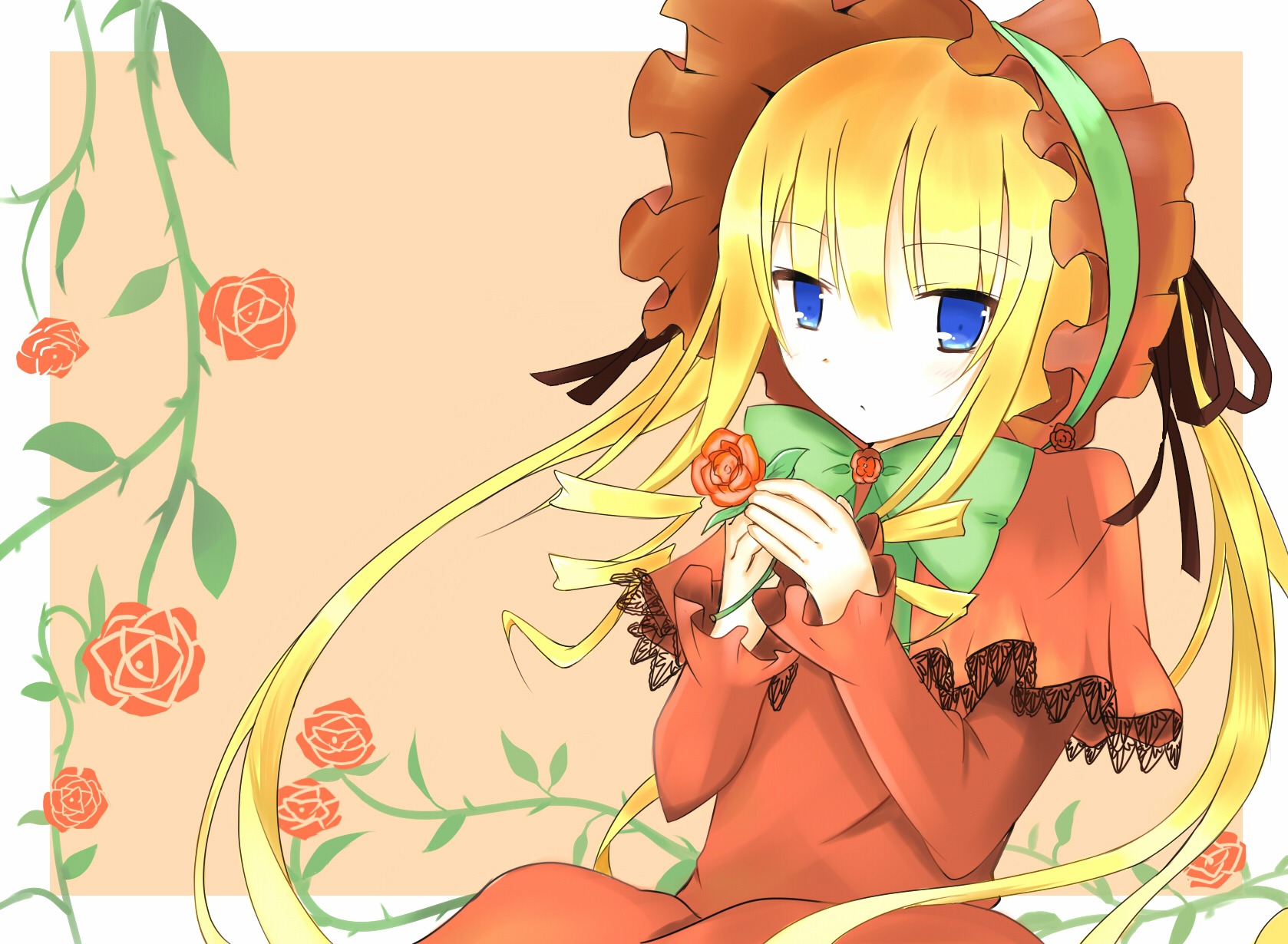 1girl blonde_hair blue_eyes bonnet bow bowtie capelet dress flower green_bow image long_hair long_sleeves looking_at_viewer pink_rose red_flower red_rose rose shinku solo