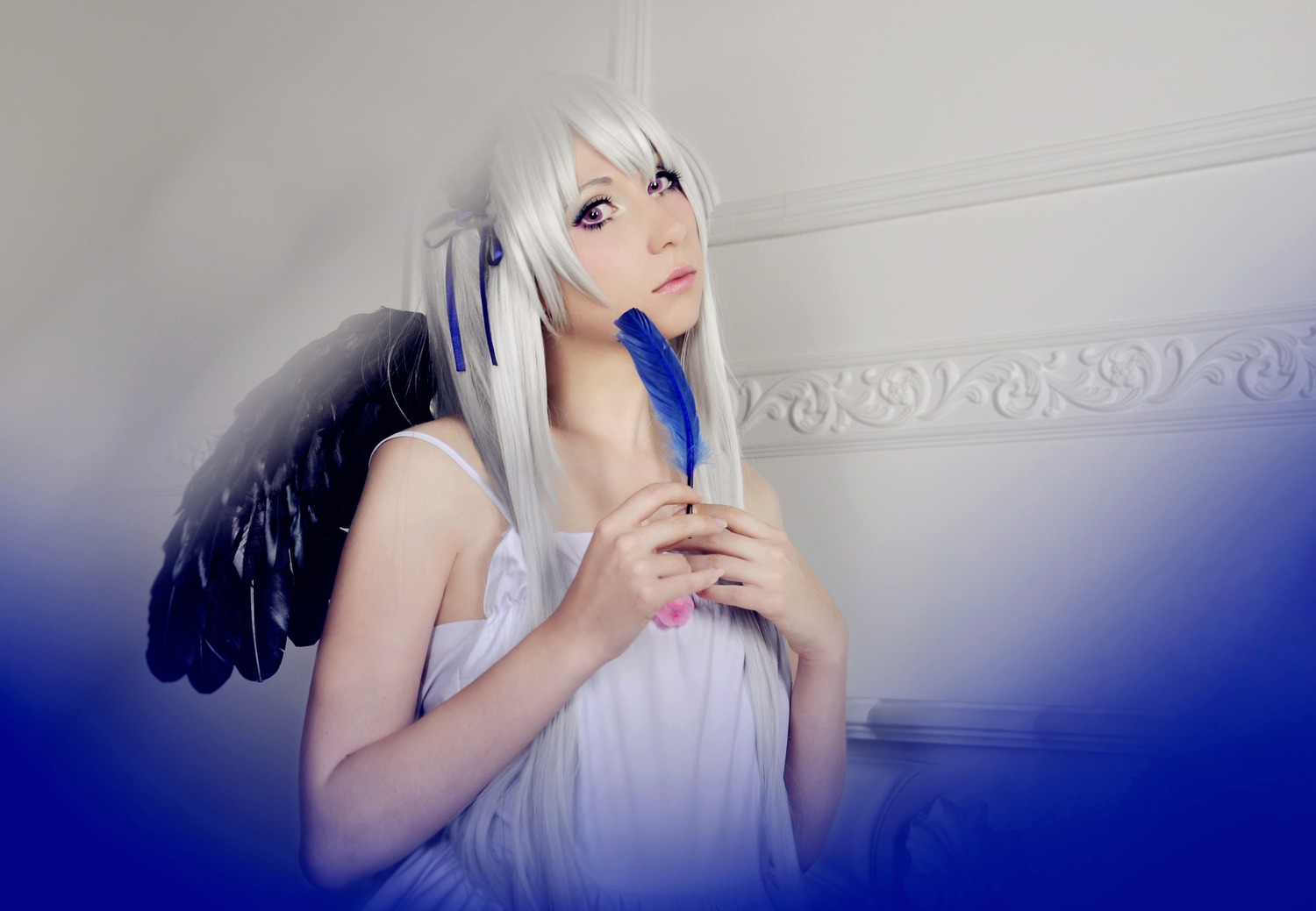 1girl angel_wings dress feathered_wings feathers hair_ribbon lips long_hair purple_eyes ribbon solo suigintou upper_body white_dress white_hair wings
